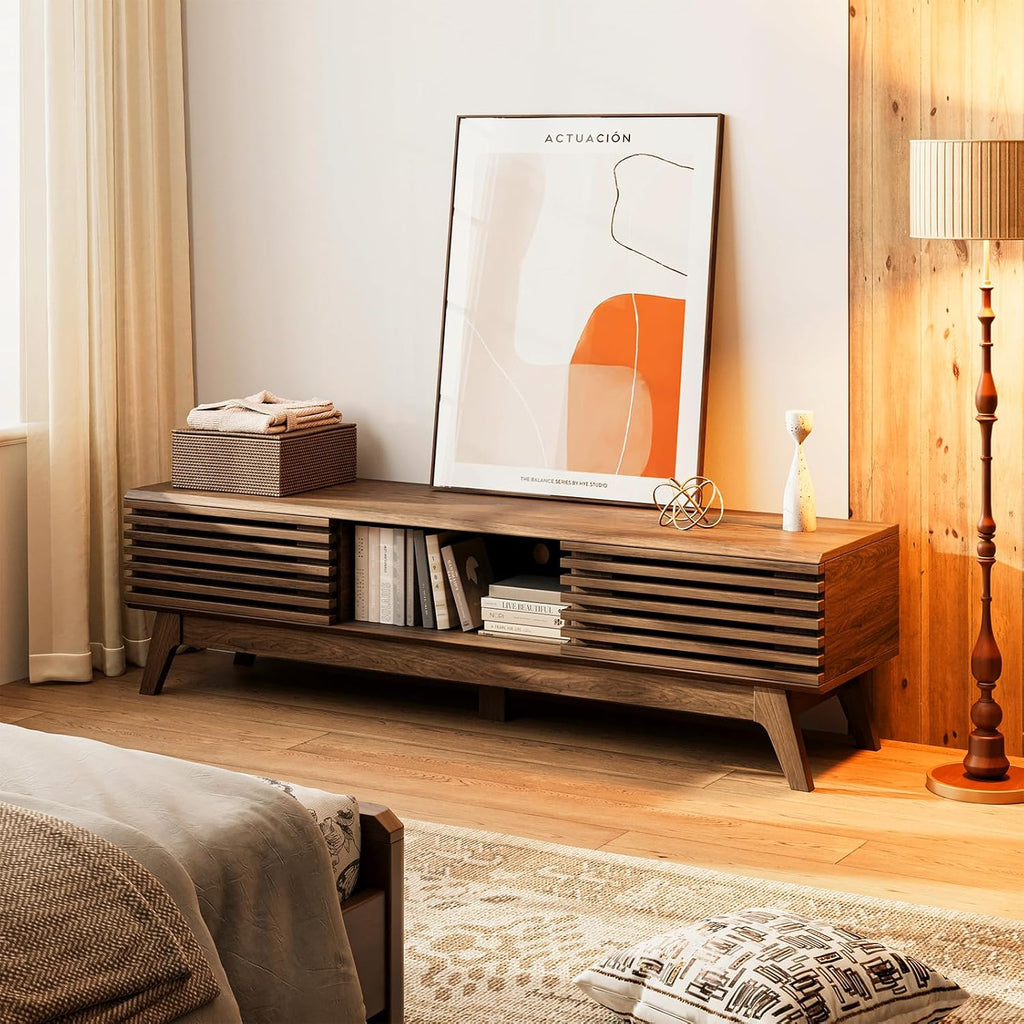 59" TV Stand, Media Console for Tvs up to 65", Walnut | Mid-Century Modern Design, Fluted Sliding Doors, Storage Cabinets, Cable Management, Media Console for Living Room, Bedroom