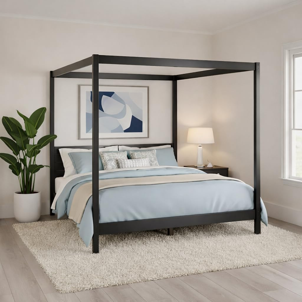 Solid Pine Canopy Bed Frame, King — Matte Black Painted Finish | No Box Spring Needed • Fsc-Certified Pine • Supports up to 560 Lbs • Slatted Headboard, No Box Spring Needed