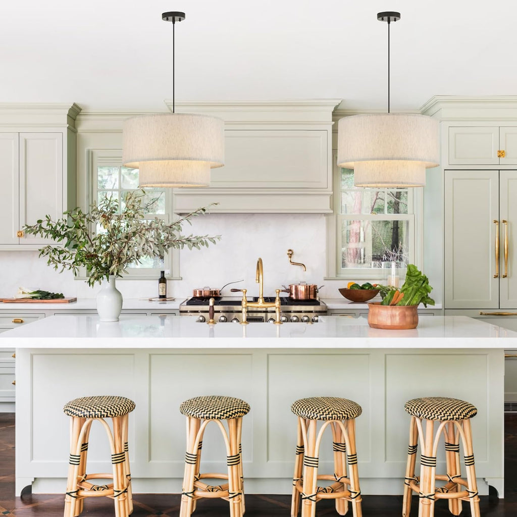Drum Fabric Pendant Light Farmhouse White Chandelier Double Drum Shade Hanging Ceiling Light Fixture 3 Lights Linen for Bedroom Dining Room Living Room Entryway