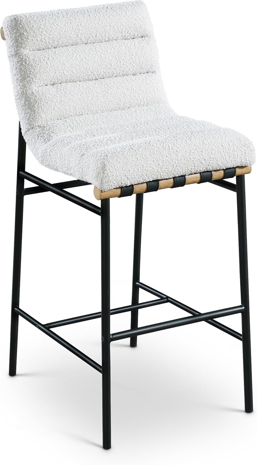 Meridian Furniture 846Cream-C Burke Collection Modern | Contemporary Bar Stool with Rich Cream Boucle Fabric, Matte Black Metal Frame, White Oak Veneer Metal Dowel, 18" W X 24" D X 40.5" H, Cream