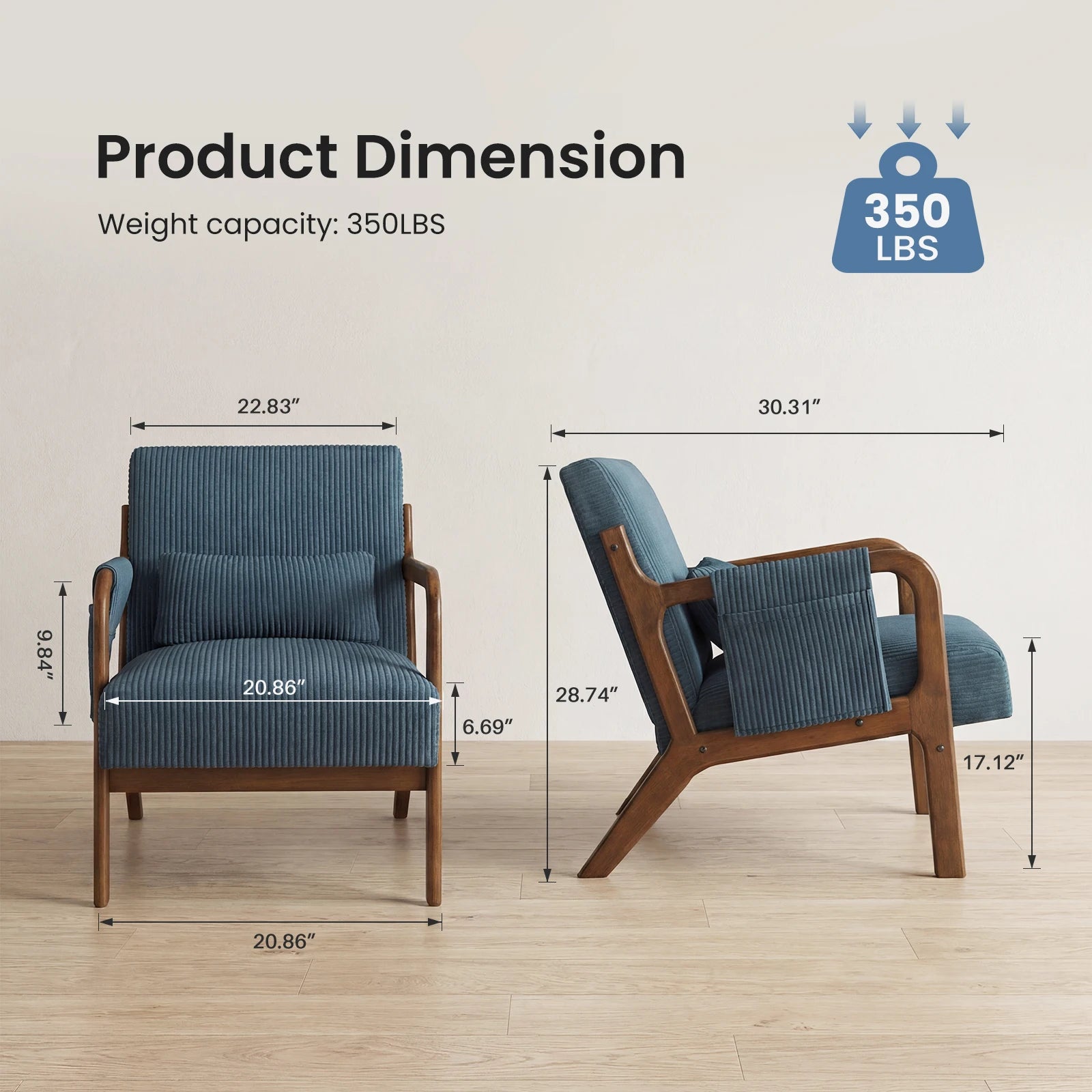 Mid-Century Solid Wood Frame Office Chair Ergonomic Armchair with Lumbar Pillow High Backrest Heavy Capacity for Office