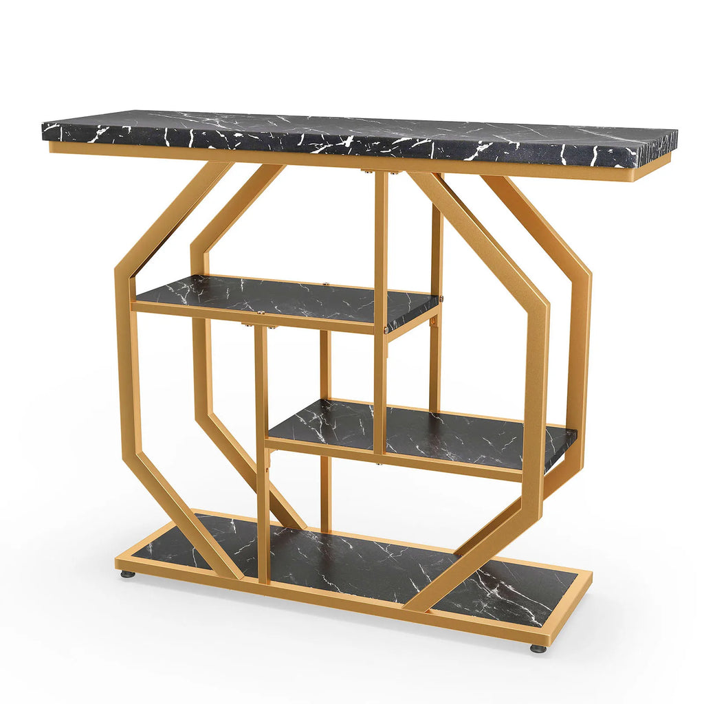 40” Console Table W/ Storage Shelves, Geometric Metal Frame for Hallway, Entrance
