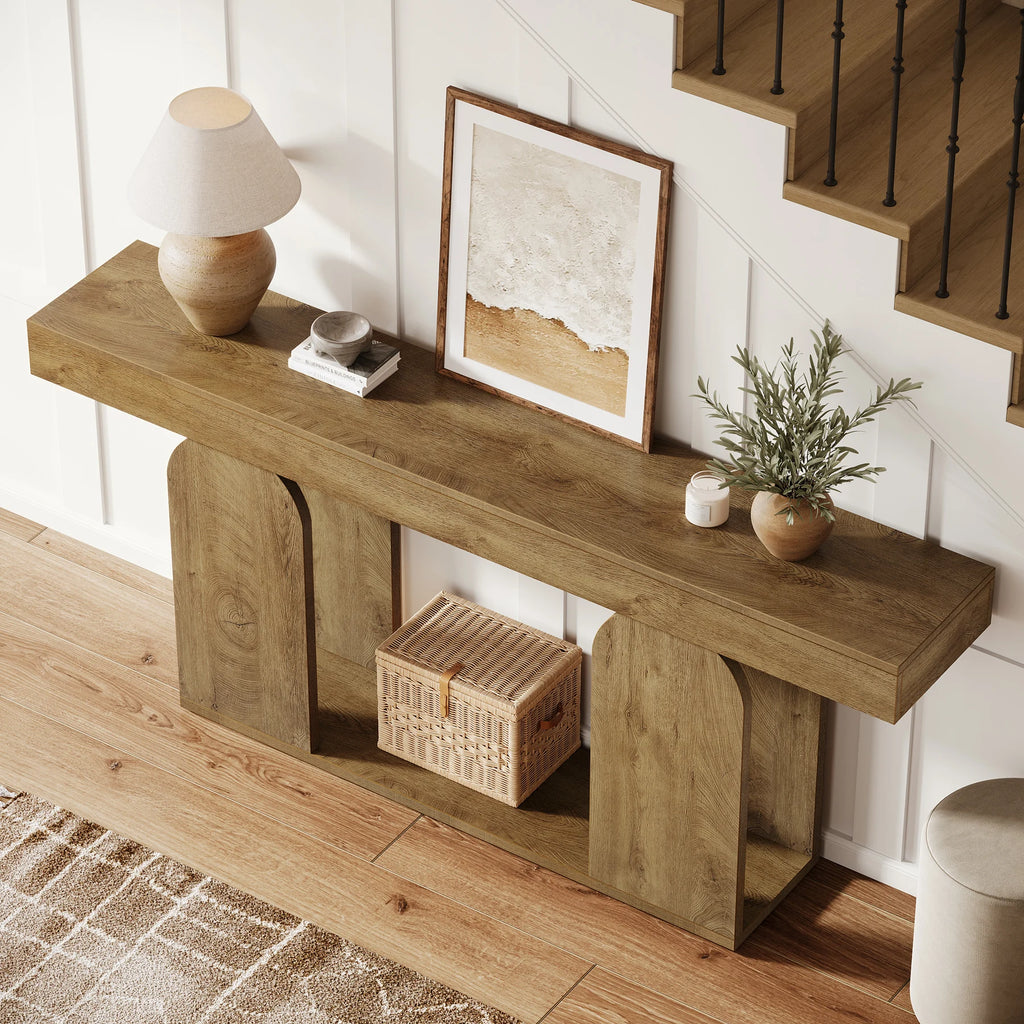 Farmhouse Wood Console Table, 70.9-Inch Entryway Accent Table with U-Shaped Base, 2-Tier Extra Long Sofa Tables for Entrance, Hallway, Living Room (Light Brown)