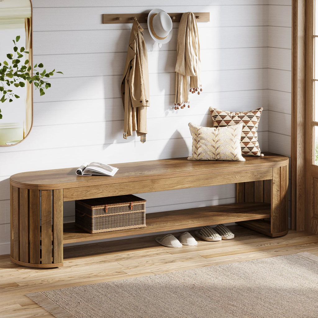 Tribesigns 63" Wooden Entryway Bench with Shoe Storage, Long 2-Tier Narrow Shoe Bench with Arc Vertical Slat Splicing Legs, End of Bed Stool for Bedroom, Entrance, Living Room (Brown)