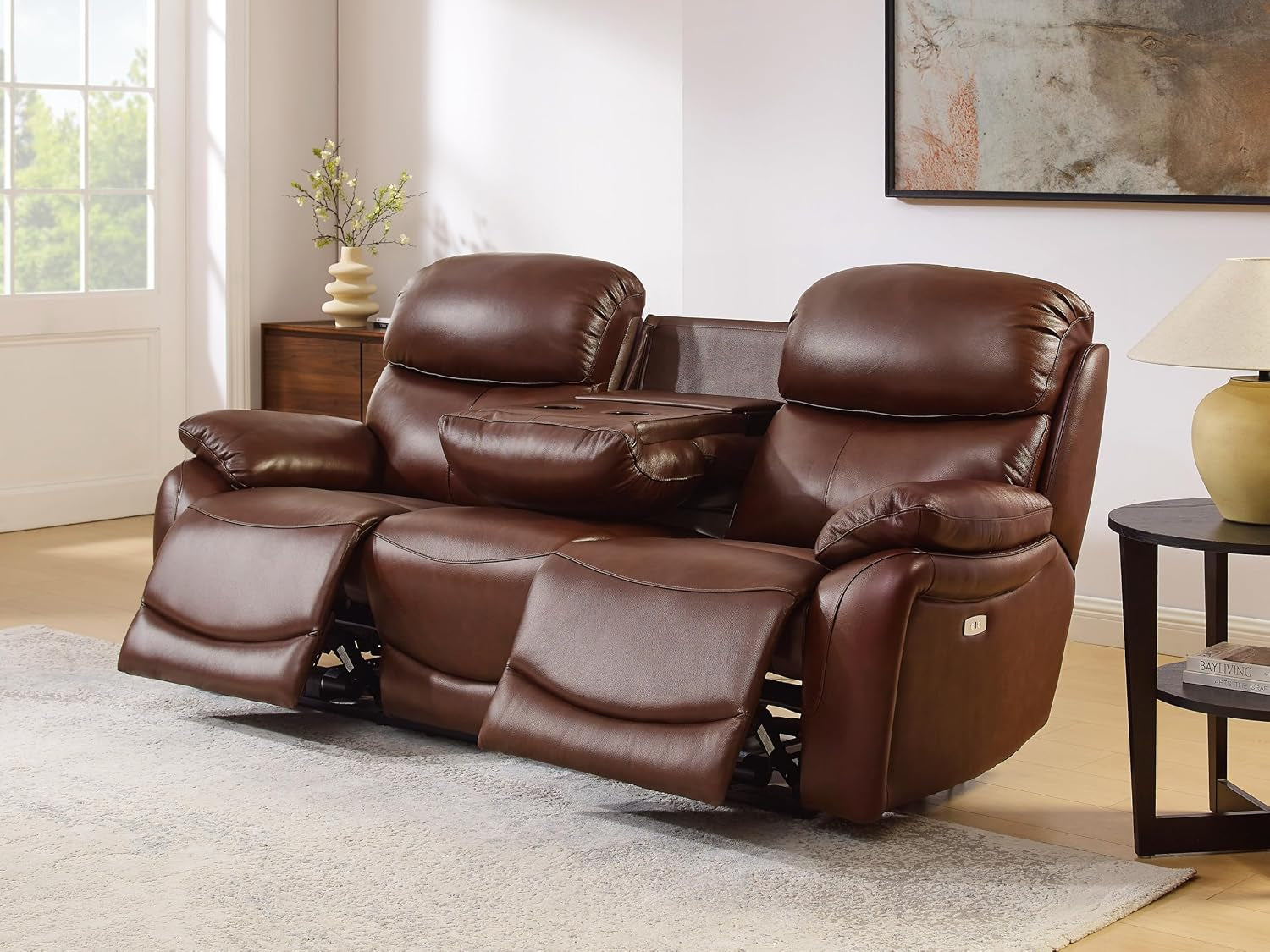 Brown Top Grain Leather Power Recliner Sofa Loveseat Set with USB Port. | Genuine Leather Reclining Sofa, Drop down Table, Ergonomic High Backrest, Cup Holders, Living Room Furniture Sets