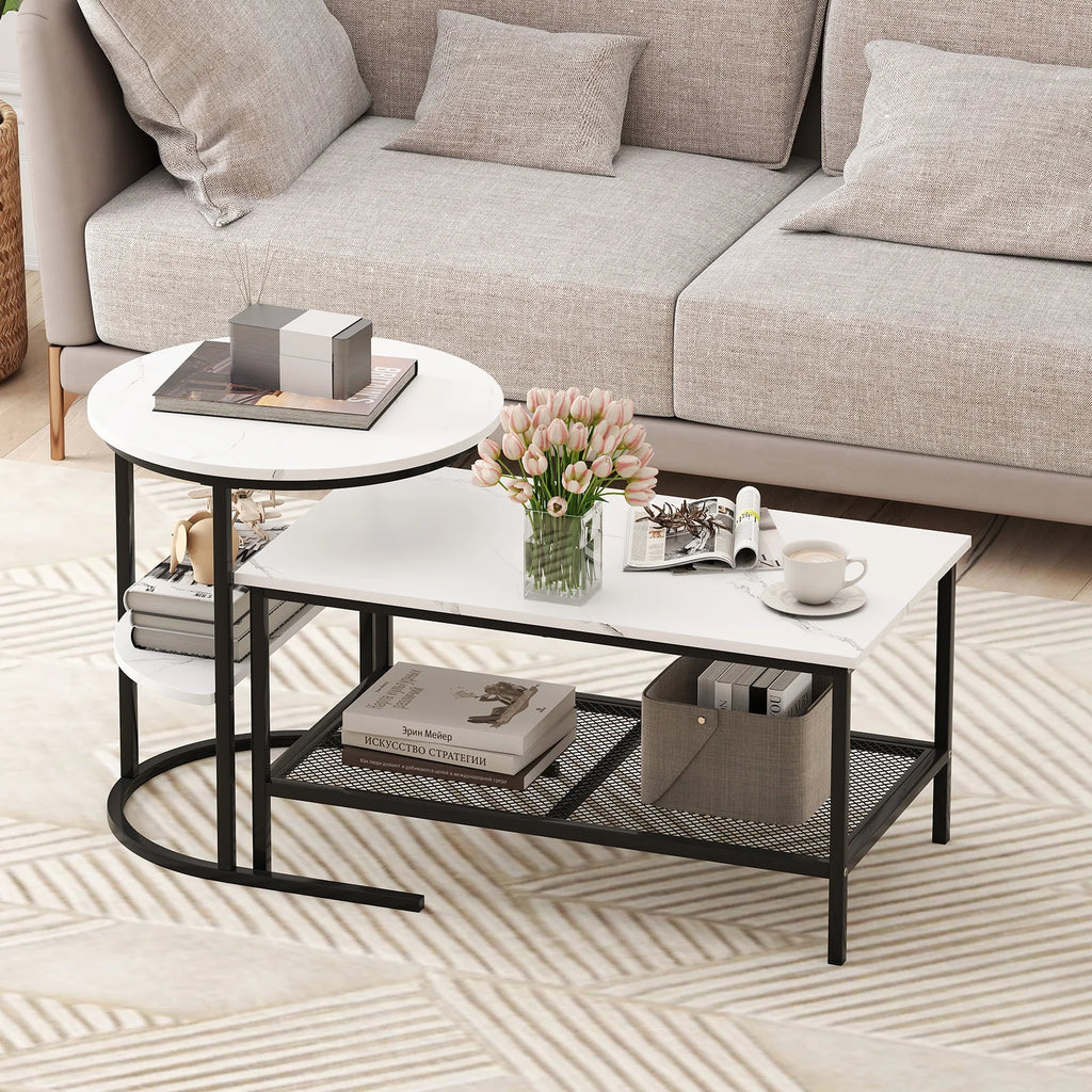 Coffee Table Set of 2, 2-Tier Coffee Table and Side End Table W/ Storage Shelves