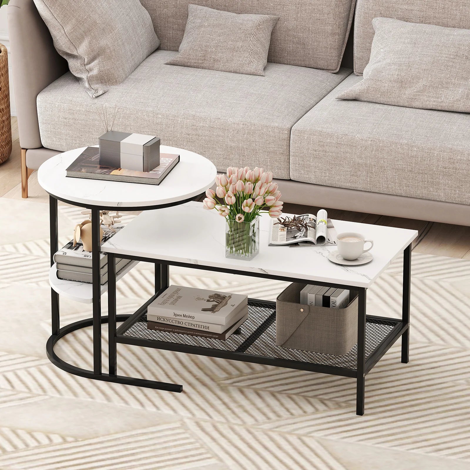 Coffee Table Set of 2, 2-Tier Coffee Table and Side End Table W/ Storage Shelves