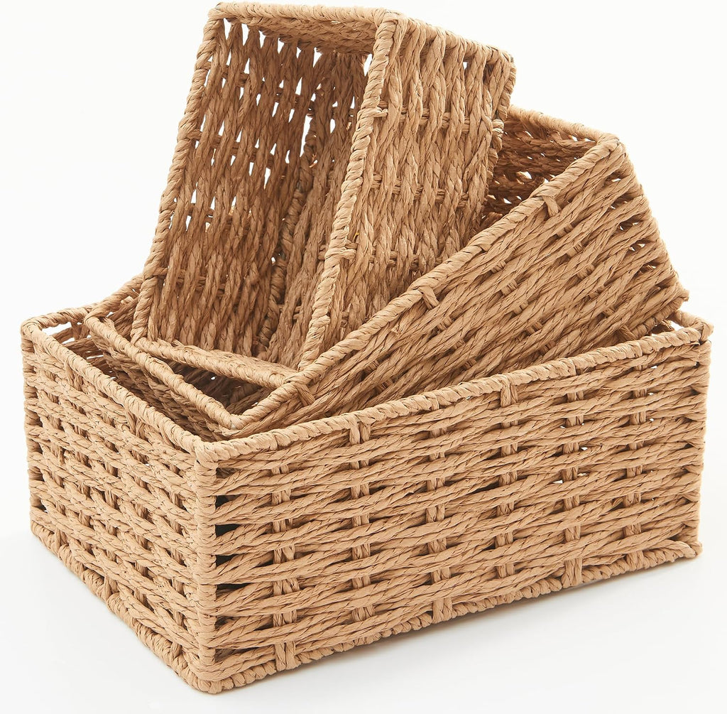 Small Wicker Basket for Organizing, Woven Storage Basket Sets of 3 | Handwoven Natural Paper Rope Baskets to Declutter Any Room, Perfect for Organizing and Home Decor