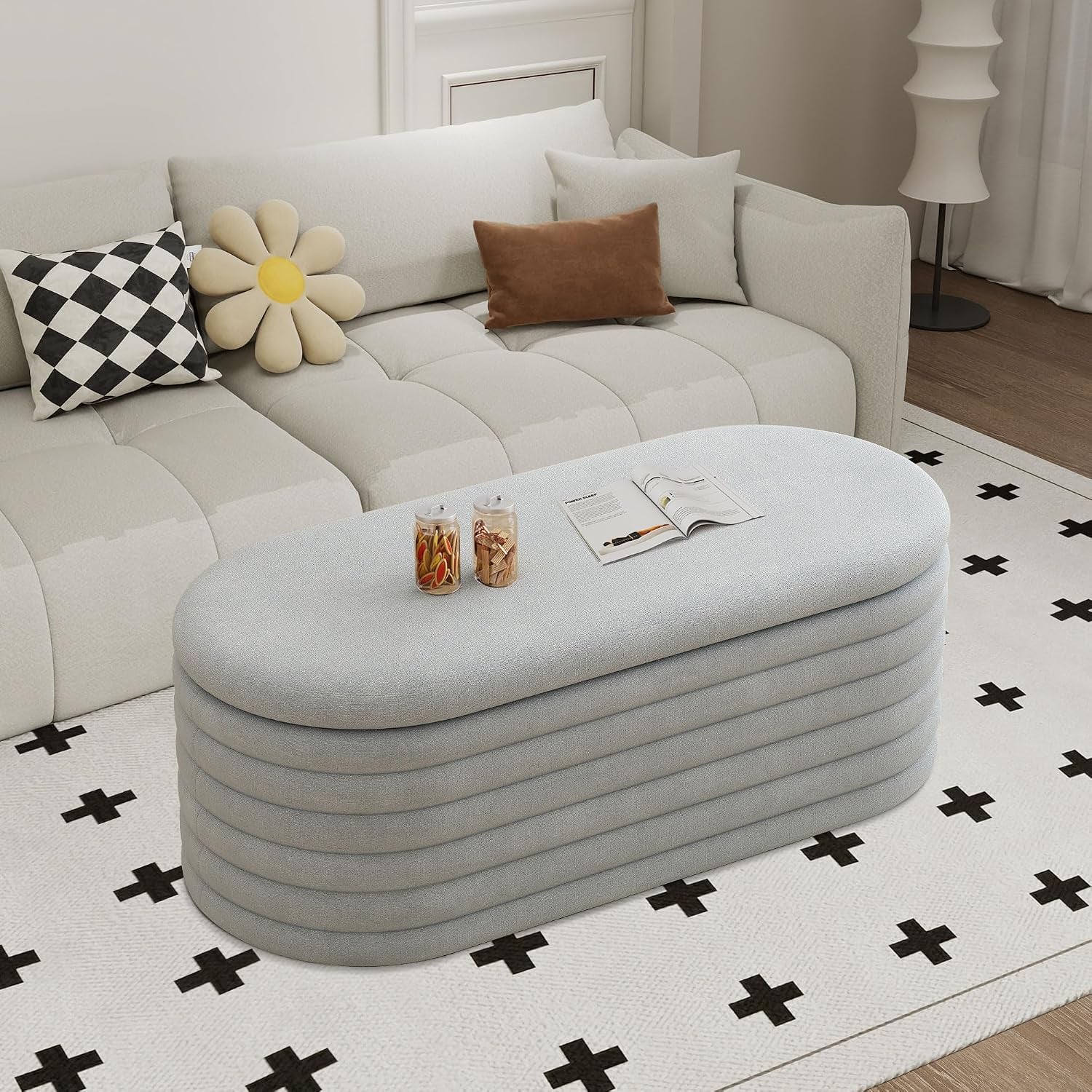 Storage Ottoman Bench,Chenille Upholstered Fabric Storage Bench for Bedroom End of Bed,Oval Ottoman with Storage & Safty Hinges,Entryway Bench for Living Room,Hallway,Front of Window,40"