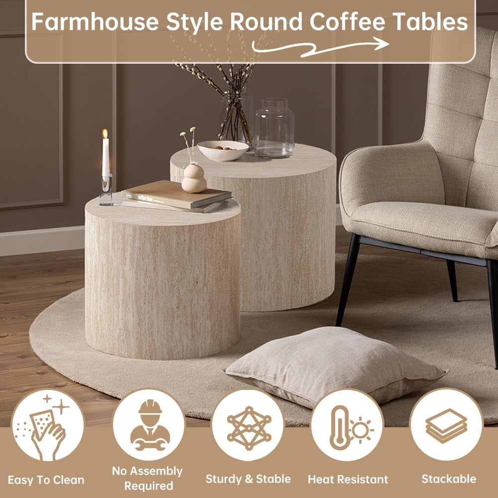 18" round Travertine Nesting Coffee Table Set of 2 (Travertine) | for Living Room, Travertine Side End Table, Nested Design, Mid Century Modern Circular Style, Non-Slip Pads, for Small Spaces