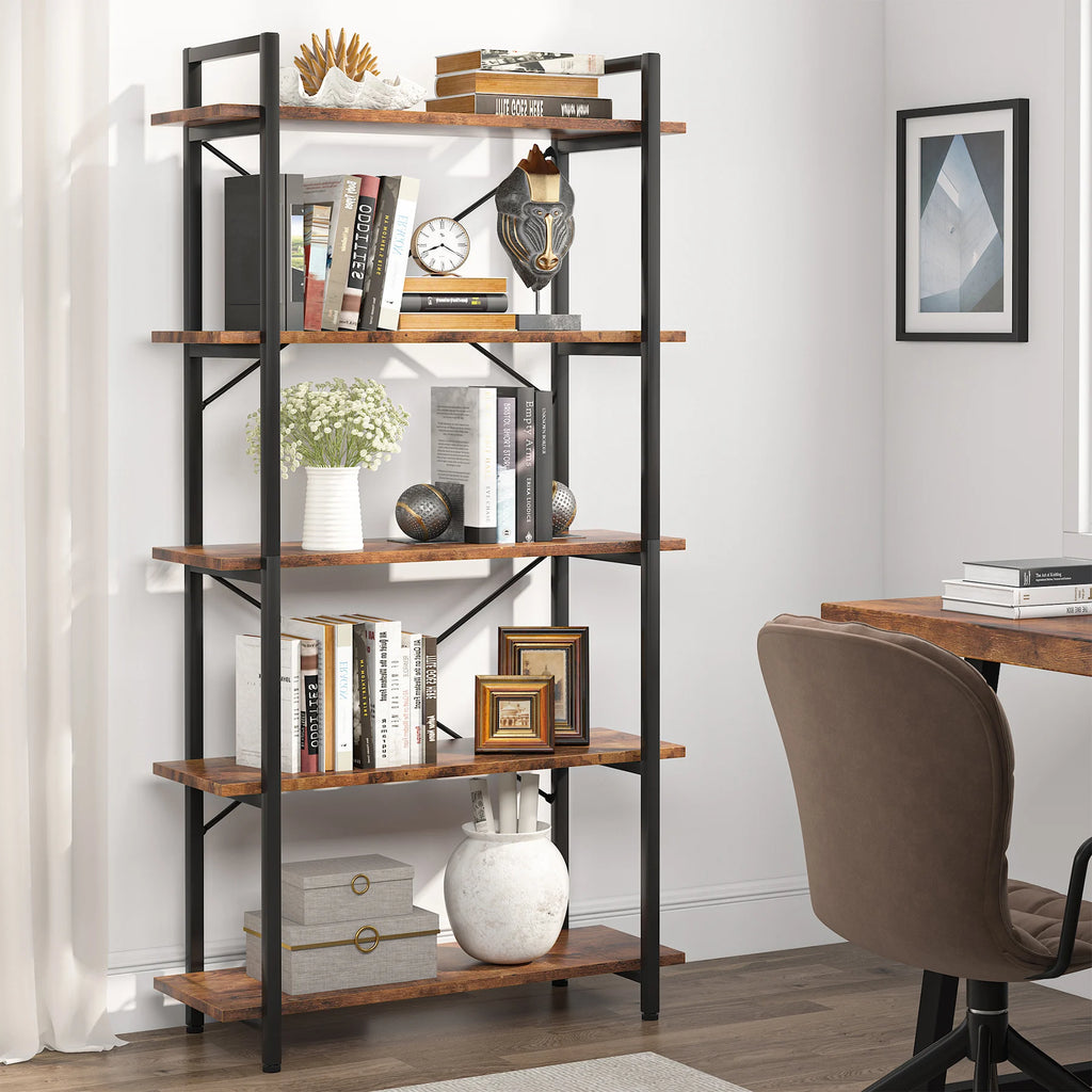 Industrial Bookshelf, Tall Bookcase with Open Shelves, Wood and Metal Display Shelf Storage Shelves