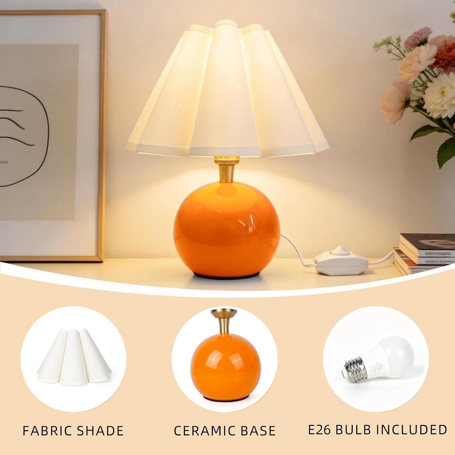 Small Bedside Table Lamp, 11.8'' Ceramic Stepless Dimmable Lamp (Orange) | with Scalloped Fabric Shade for Nightstand & Living Room. Perfect for Quiet Nights to Create a Cozy, Relaxing Atmosphere