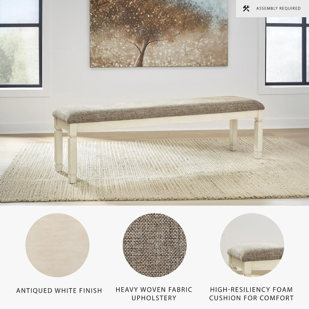 Signature Design by Ashley Bolanburg 65" Farmhouse Upholstered Dining Bench | Plush Foam Cushion for Cozy Seating, Antiqued White Wood, Veneer and Engineered Wood Base, Space-Saving Backless Profile