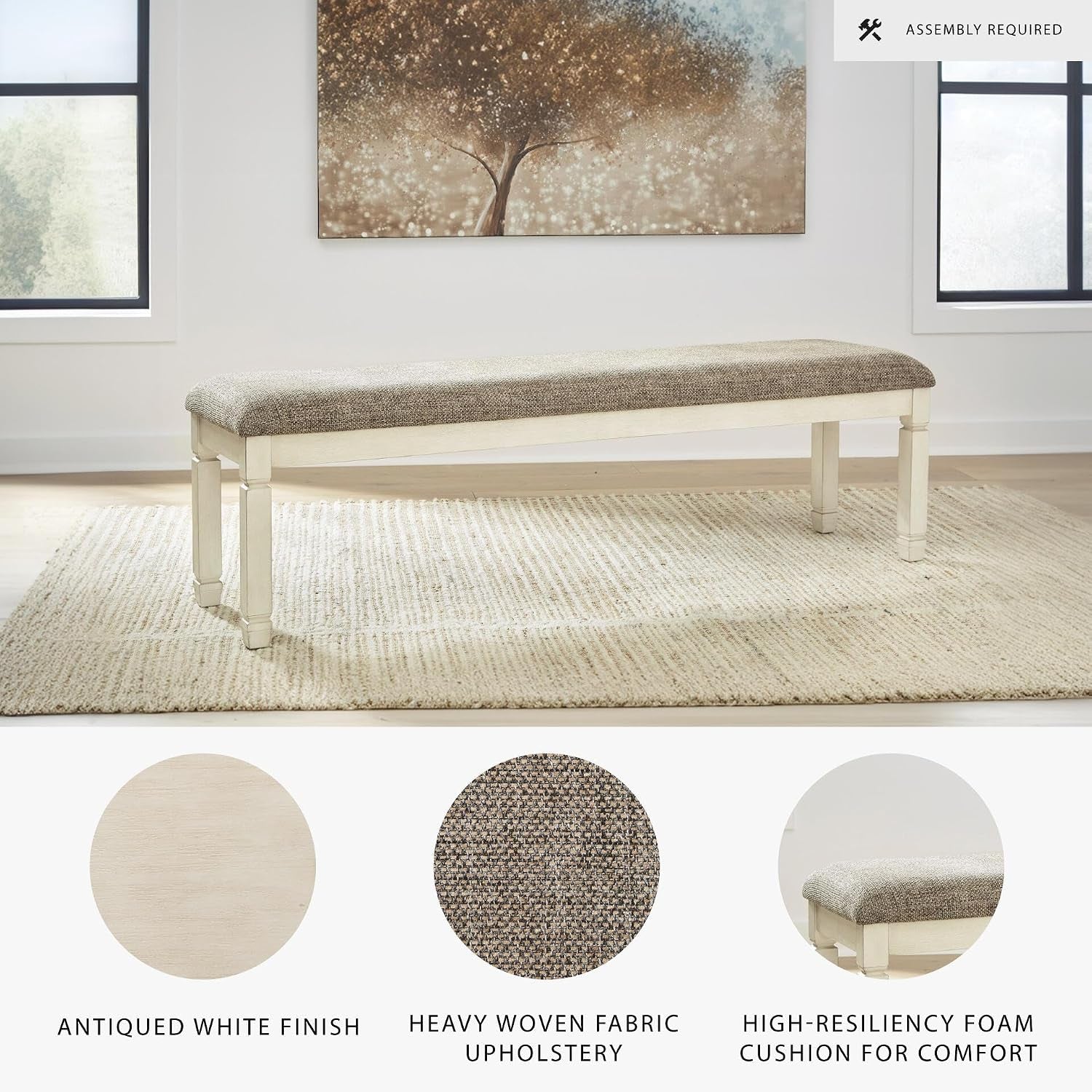 Signature Design by Ashley Bolanburg 65" Farmhouse Upholstered Dining Bench | Plush Foam Cushion for Cozy Seating, Antiqued White Wood, Veneer and Engineered Wood Base, Space-Saving Backless Profile