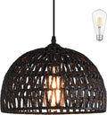 Black Woven Pendant Light Boho Chandelier Light Fixture Wicker Pendant Light Rattan Light Pendant Woven Light Fixture Dome Pendant Light for Dining Room Bedroom Kitchen Island (Bulb Incl)