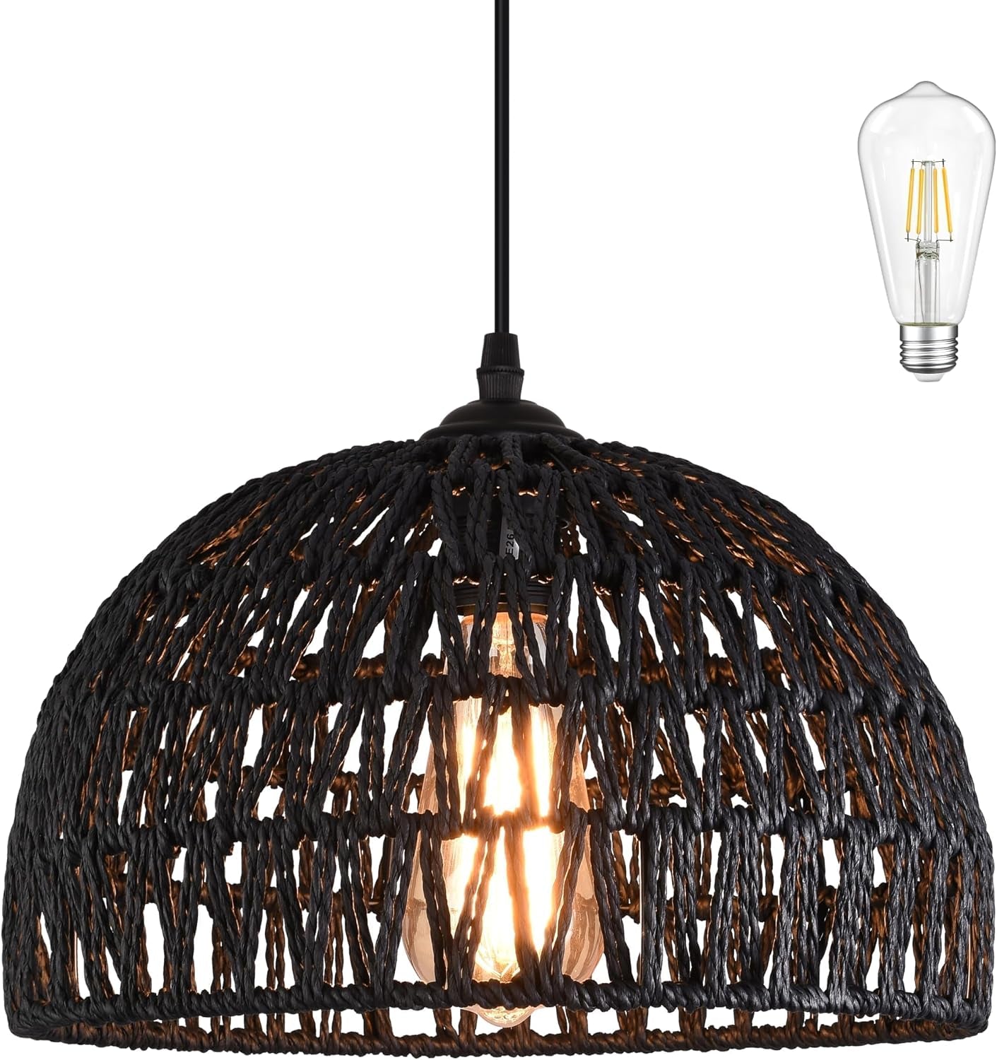 Black Woven Pendant Light Boho Chandelier Light Fixture Wicker Pendant Light Rattan Light Pendant Woven Light Fixture Dome Pendant Light for Dining Room Bedroom Kitchen Island (Bulb Incl)