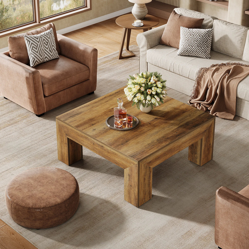 39.4-Inch Square Coffee Table for Living Room, Farmhouse All MDF Accent Center Cocktail Table with Sturdy Wooden Legs
