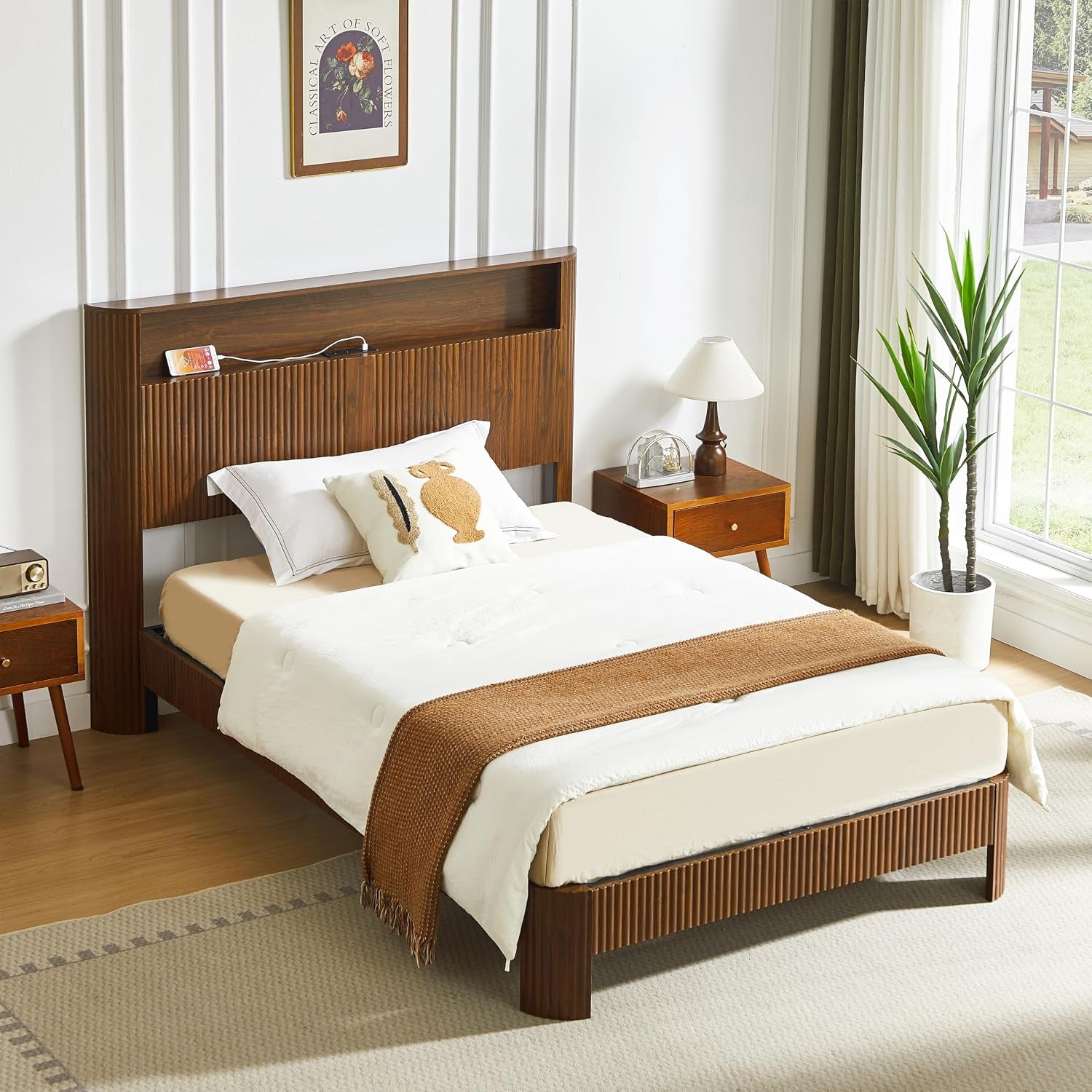 Full XL Bed Frame with Storage Headboard and Charging Station, Wavy Curved Design, Noise-Canceling, Metal Support, Walnut Finish, Full Extra Long Mattress Compatible, Walnut
