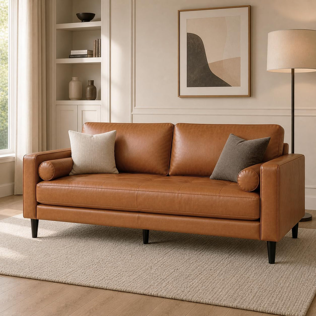 Marisa Genuine Leather Mid-Century Modern Sofa, Tan | Removable Cushions, Matching Bolster Pillows, Plush Foam Comfort, Sturdy Hardwood Frame, Spacious 3-Seater Seating