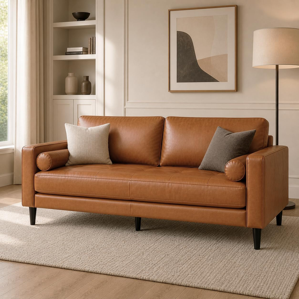 Marisa Genuine Leather Mid-Century Modern Sofa, Tan | Removable Cushions, Matching Bolster Pillows, Plush Foam Comfort, Sturdy Hardwood Frame, Spacious 3-Seater Seating