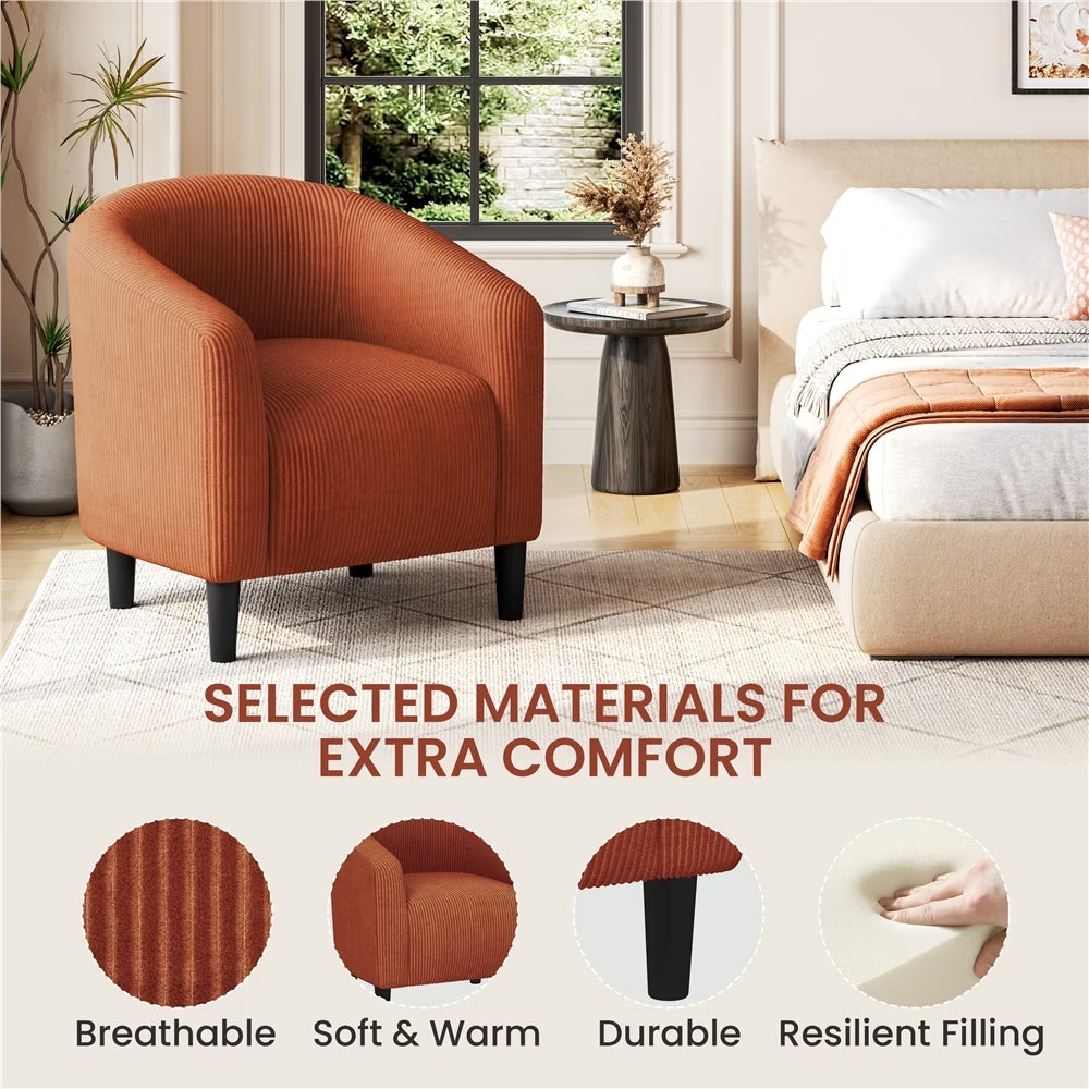 Corduroy Fabric Accent Barrel Chair with Elastic Foam Fills, Brick Red