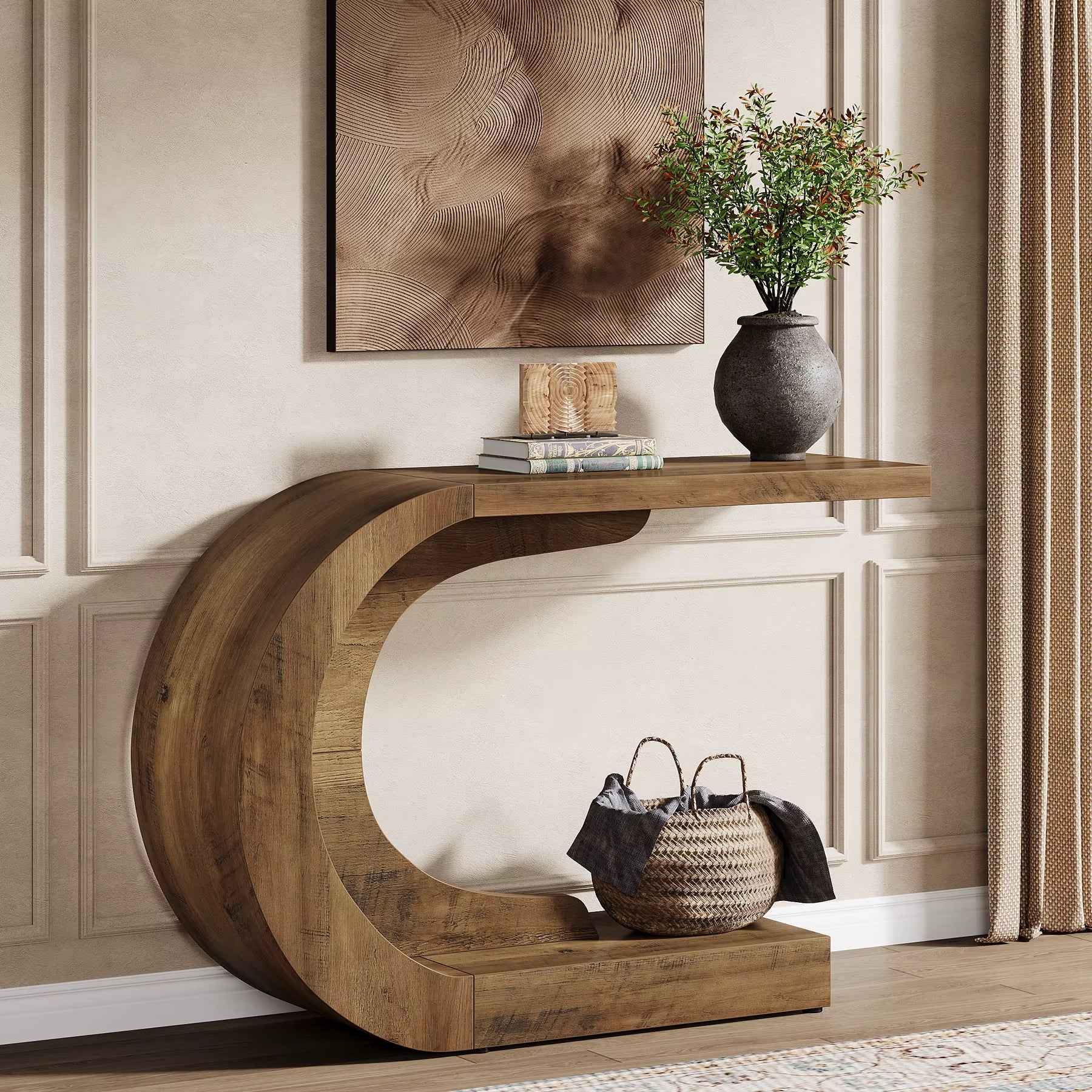 43.3" Mid-Century Modern Console Table for Entryway, Wood C-Shaped Hallway Entry Accent Table for Living Room