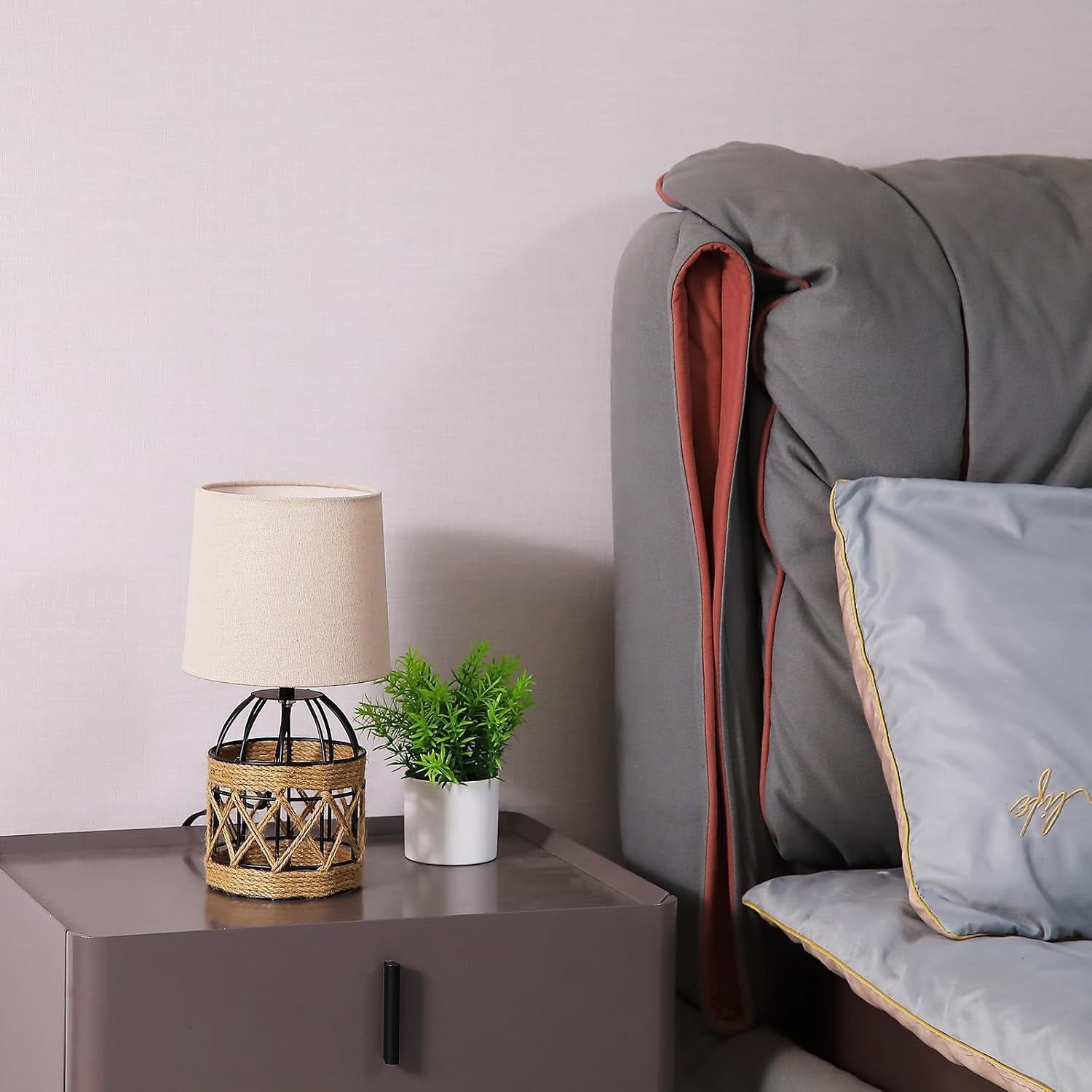 2 Pack Boho Rattan Table Lamps for Bedroom,Small Bedside Nightstand Lamp with Metal Cage Base Linen Shade,Farmhouse Coastal Rustic Living Room Bedroom Decor