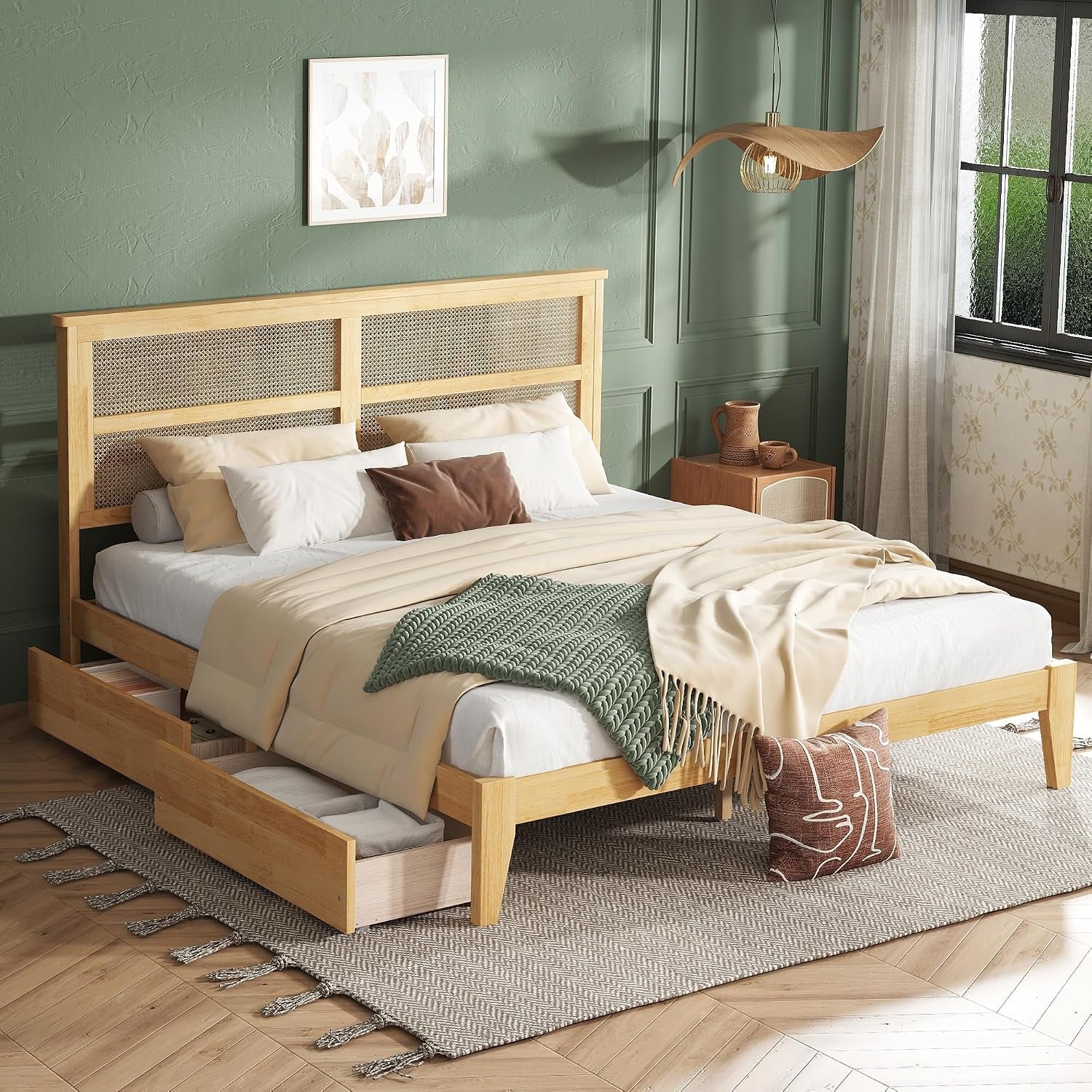 White oak rattan king bed frame
