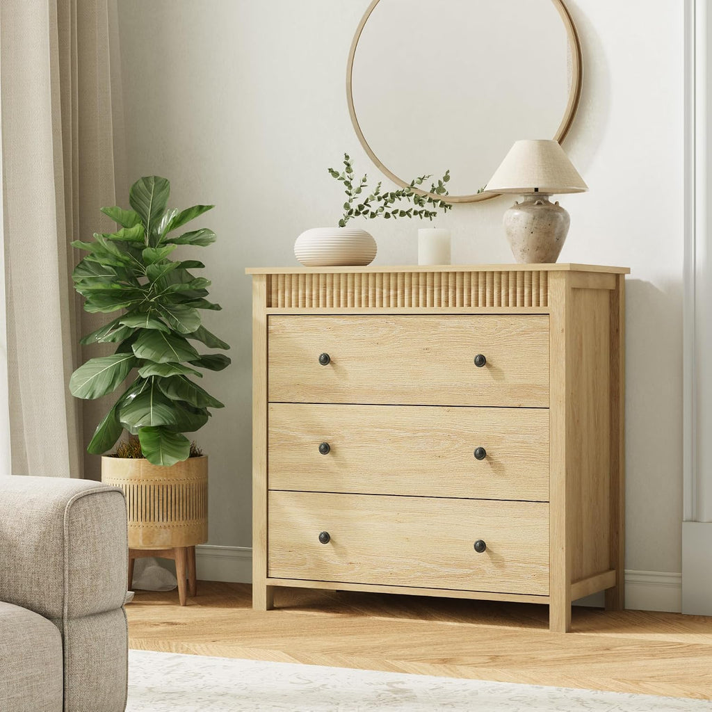 31.5" Fluted Nightstand with 3 Drawers, Modern Wooden Bedside Table with Storage, Oak Night Stand for Bedroom, Large End Table with Spacious Top