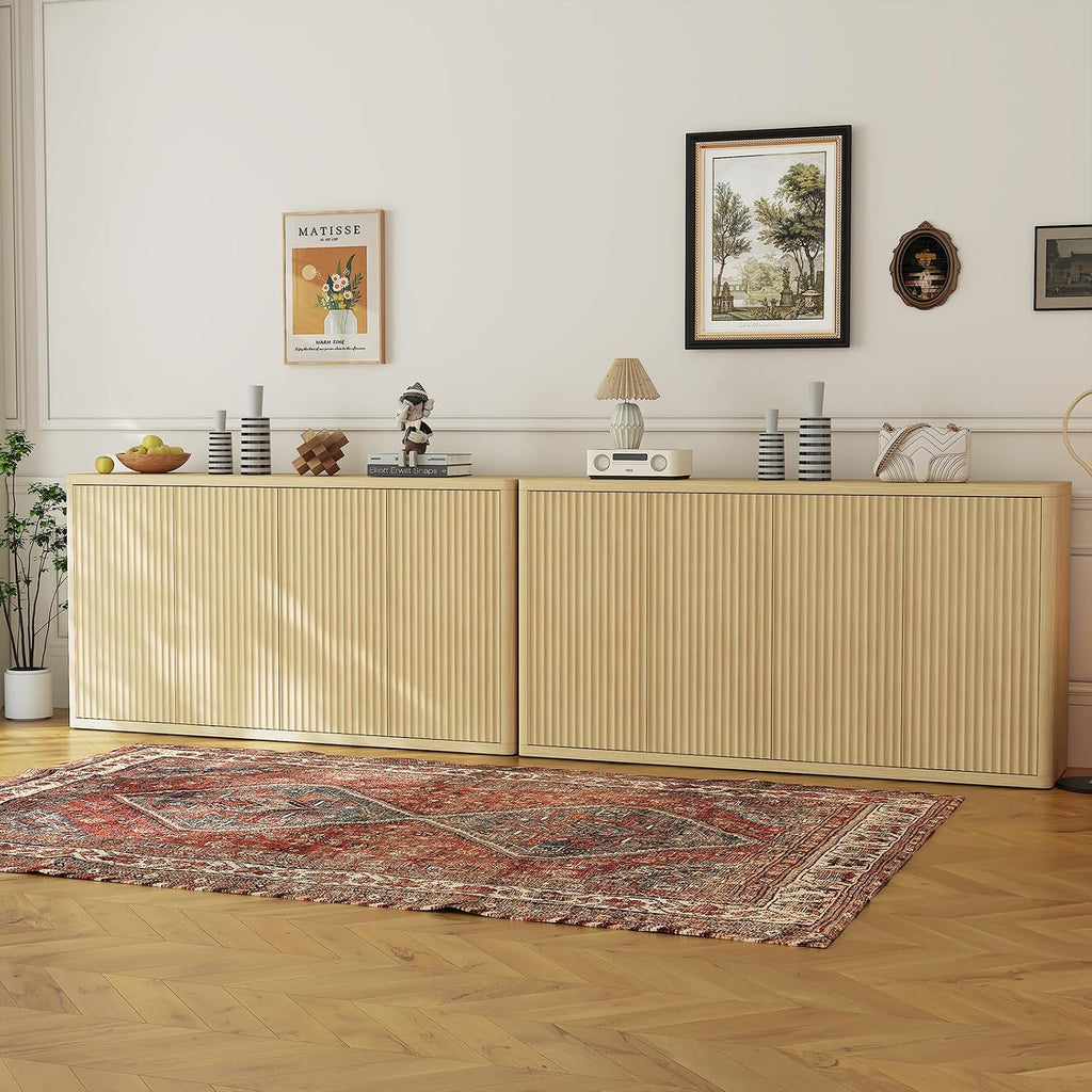 66.3In Large Sideboard Buffet Cabinet, Kitchen Modern Fluted Cupboard Coffee Bar Console Table Credenza Storage Cabinet with Adjustable Shelves for Living Room Hallway, 4 Doors