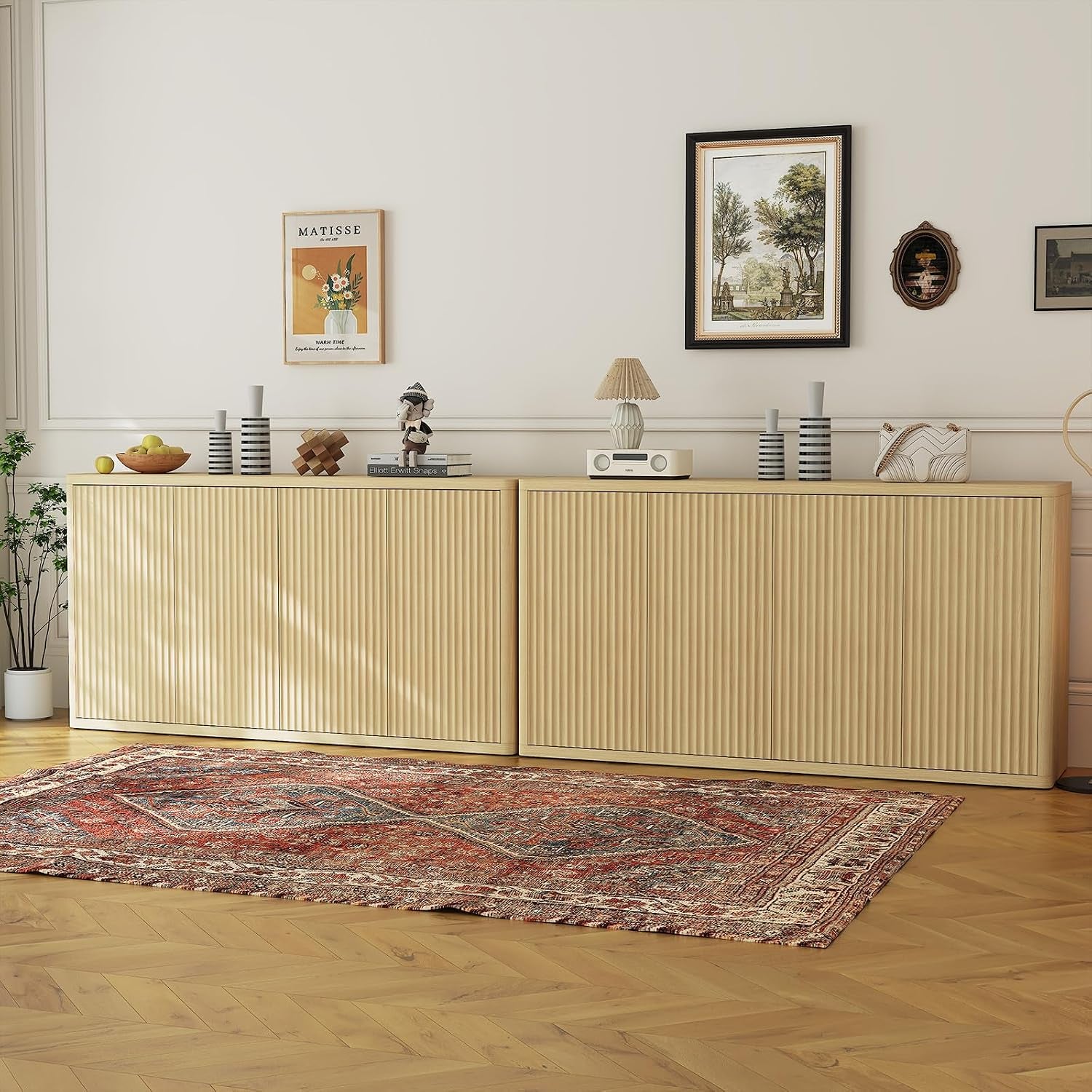 66.3In Large Sideboard Buffet Cabinet, Kitchen Modern Fluted Cupboard Coffee Bar Console Table Credenza Storage Cabinet with Adjustable Shelves for Living Room Hallway, 4 Doors