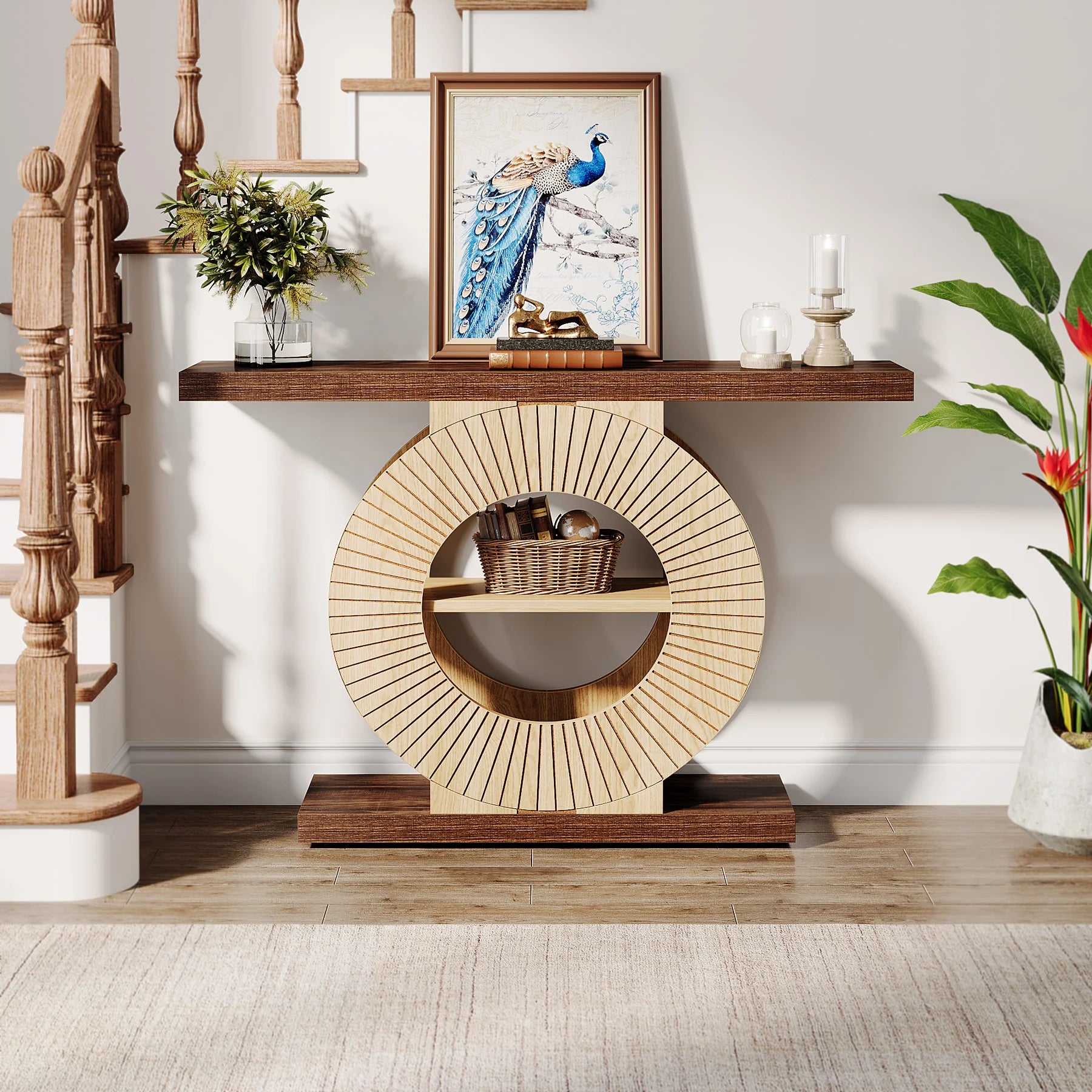 Console Table with Storage, Entryway Sofa Table with Shelves and Circle Base for Living Room Hallway