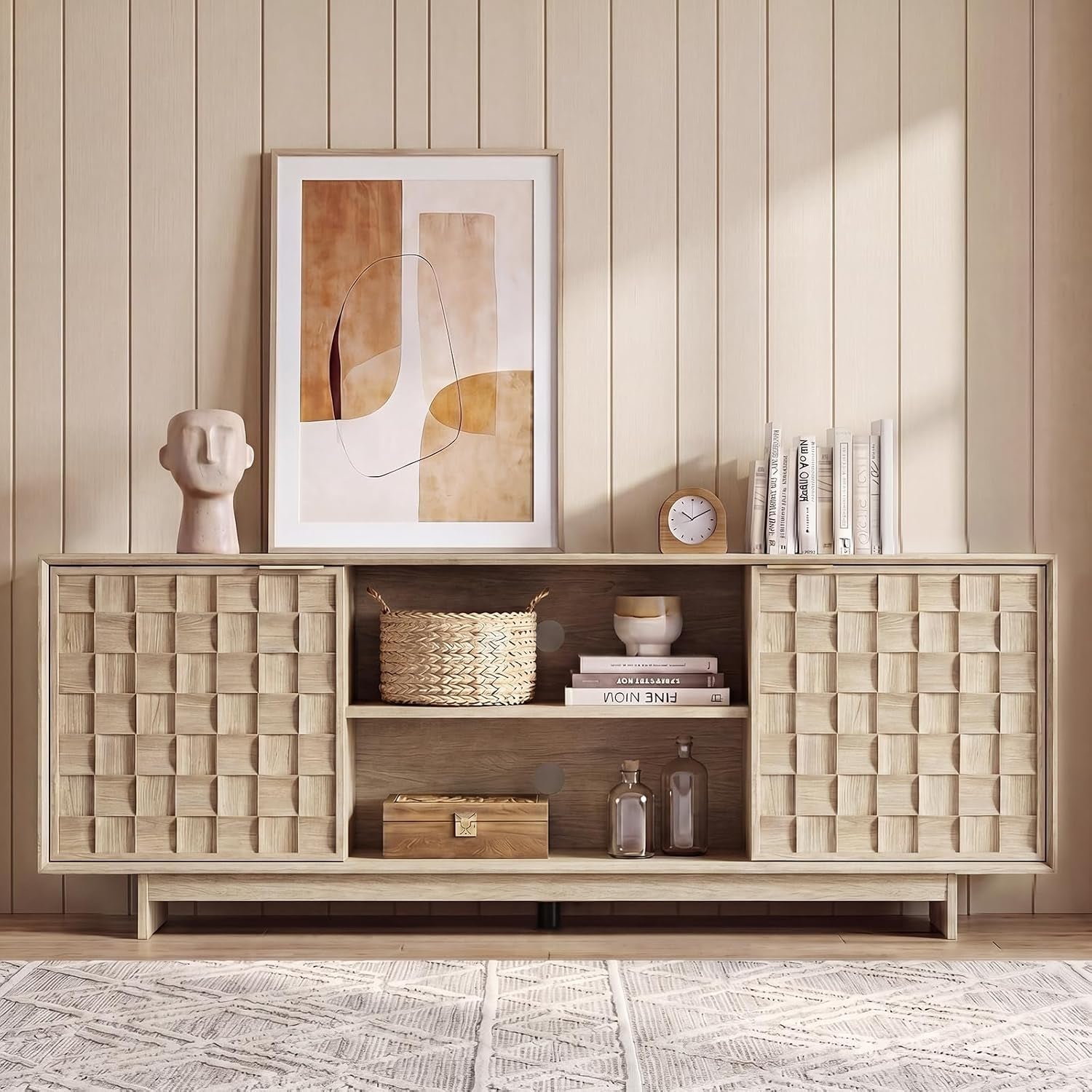 Sunwashed Oak TV Stand for 65 Inch TV, Modern Japandi Entertainment Center with 45° Slim Frame, 59" Scandinavian TV Console Table with Embossed Doors, Media Storage Cabinet, Light Wood Color