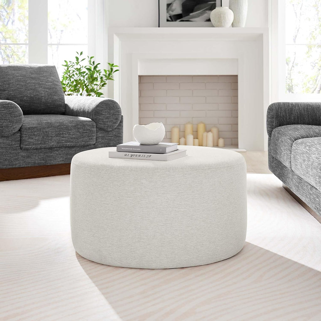 Callum 29 Inch round Ottoman in Heathered Weave Ivory - Heathered Woven Fabric - Versatile Upholstered Coffee Table and Footrest - Couch Ottoman - Living Room Accent Table