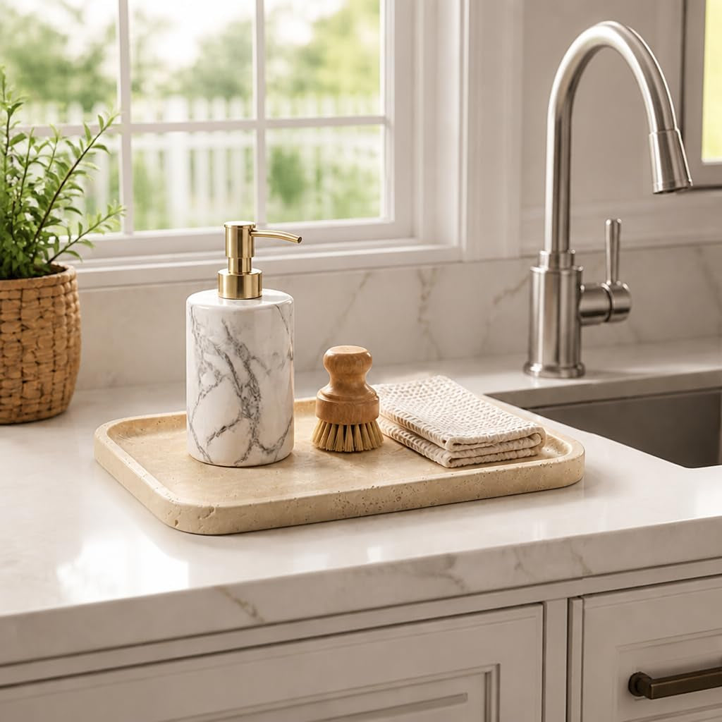 Beige travertine stone vanity tray