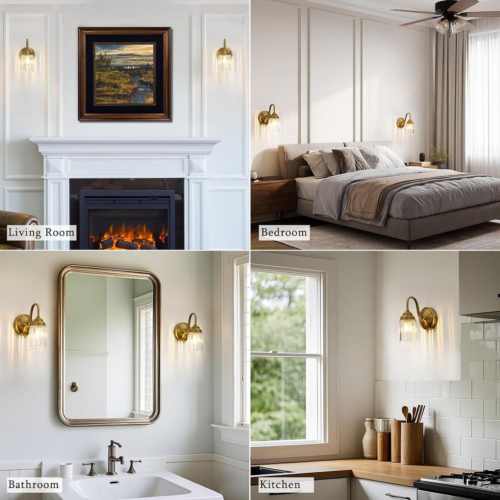 Vintage Wall Sconce with Clear Bell-Shaped Glass Shade Antique Gold Bathroom Sconce Wall Mount Light for Livingroom Bedroom,Hardwired,E26 Base