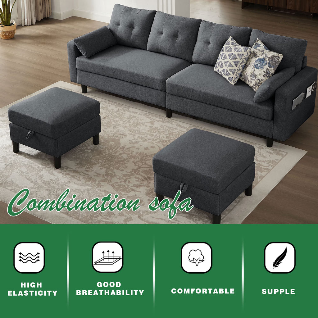 Modern Sectional Sofa with Reversible Chaise, Adjustable Backrest & Armrest, 4-Seat Convertible Couch