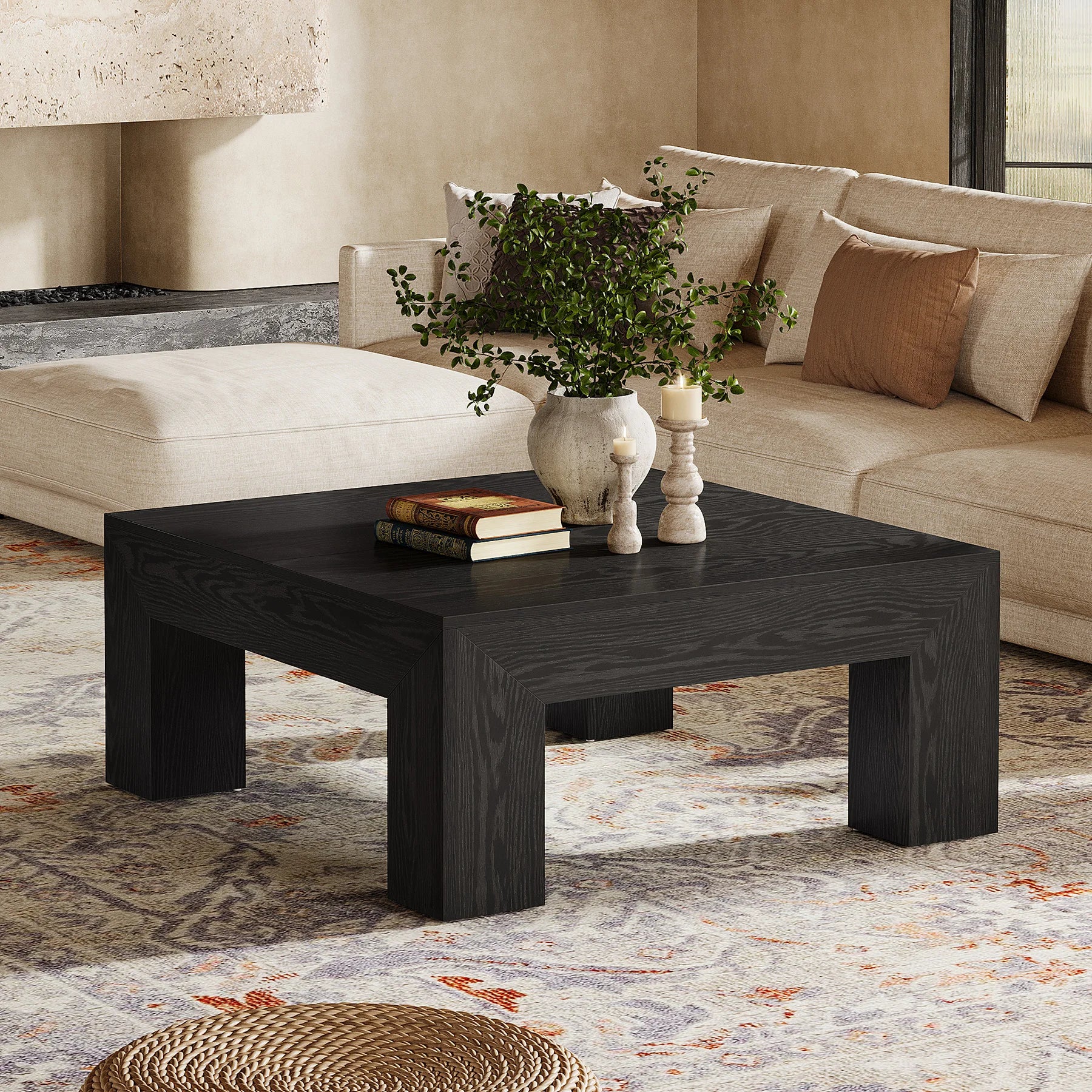 39.4-Inch Square Coffee Table for Living Room, Farmhouse All MDF Accent Center Cocktail Table with Sturdy Wooden Legs
