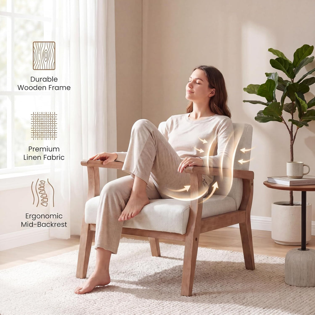Mid Century Modern Accent Chair Beige Linen Armchair | Solid Wood Frame, Side Chairs for Living Room, Bedroom, Upholstered Sitting Chair, Comfortable Chair