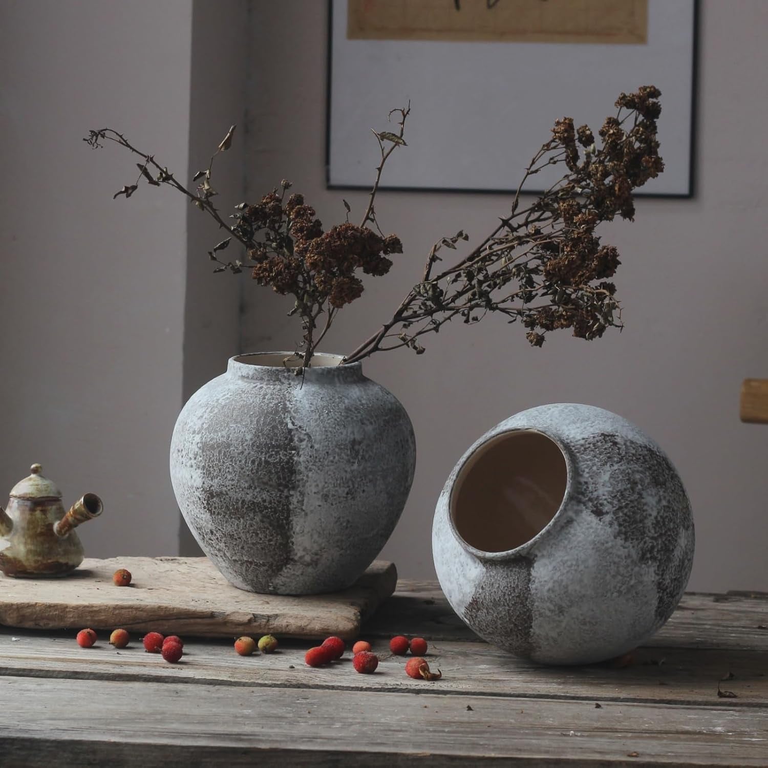 8.6" Large Rustic Distressed Ceramic Vase Farmhouse Home Decor Vases | round Wide Mouth Terracotta Minimalist Vintage Clay Stone Texture Decorative Vase for Coffee Table Centerpiece Living Room