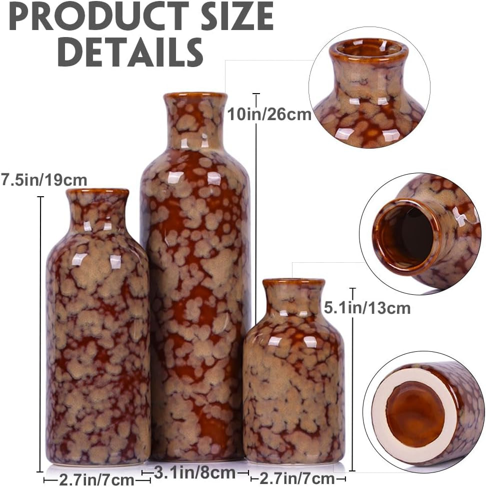 Ceramic Vase Set - 3 Crack Brown Small Vases, Farmhouse Country Flower Vase Home Decor, Living Room Decoration, Table Decoration, Fireplace Decor, and Entrance Decorations Centerpieces