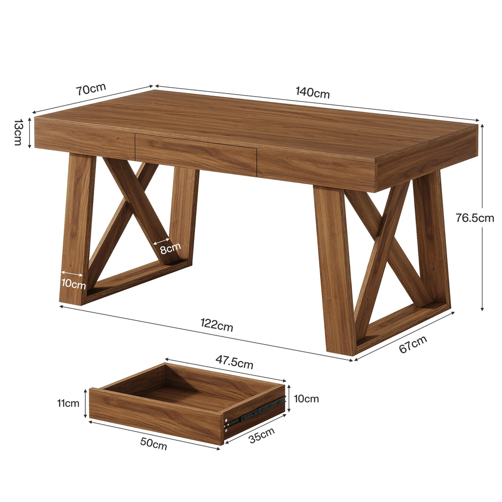 55 Inch Walnut Computer Desk with Drawer, Mid-Century Farmhouse Executive Desk, Rustic Wide Desktop Home Office Desk for Workstation
