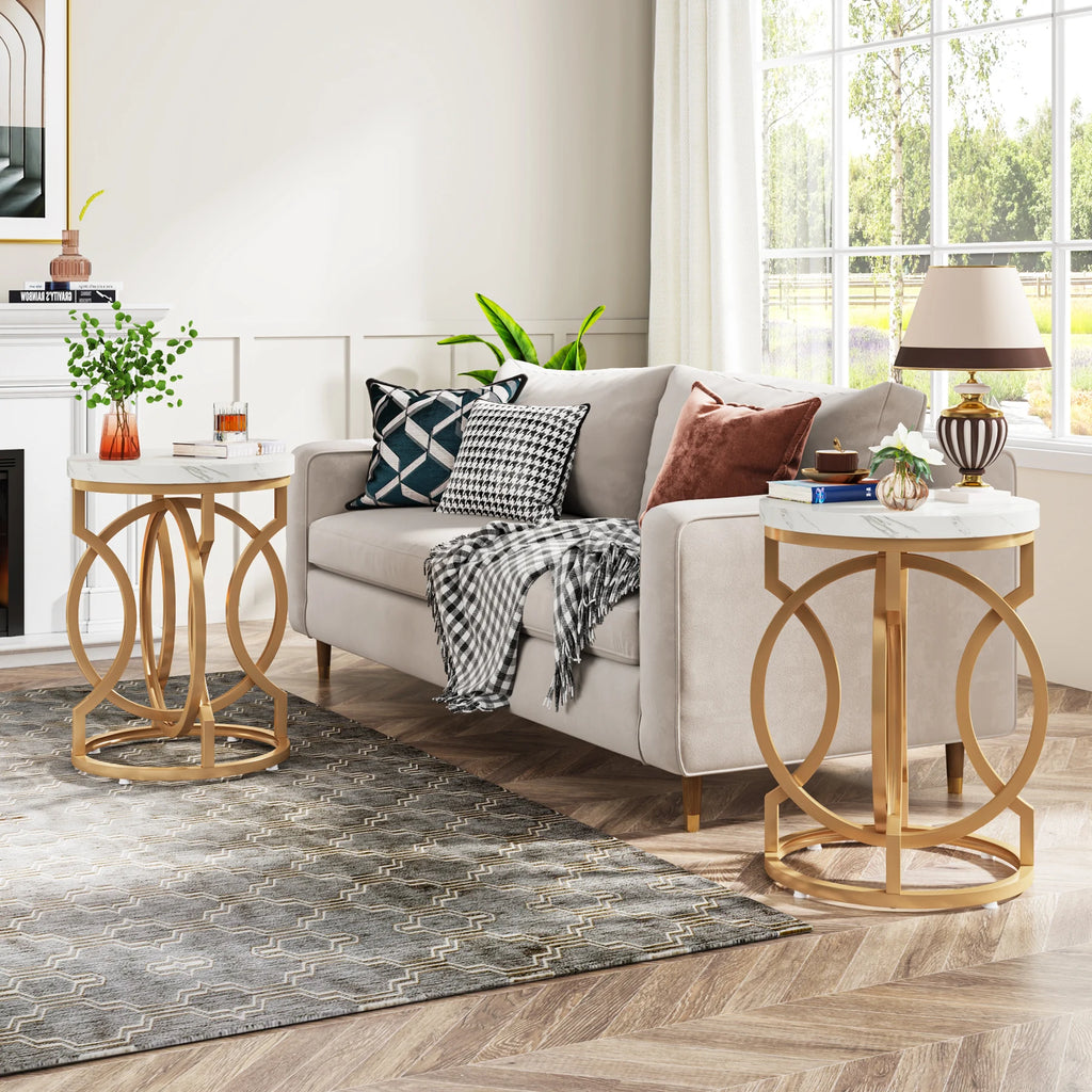 Modern round End Table with Thick Wood Top, 20“ Side Table Cocktail Table with Unique O-Shaped Base