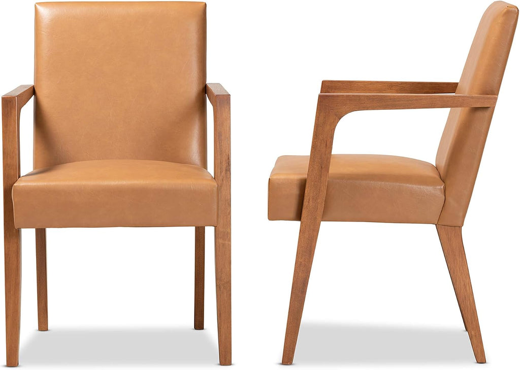 Andrea Mid-Century Modern Tan Faux Leather Upholstered and Walnut Brown Finished Wood 2-Piece Armchair Set