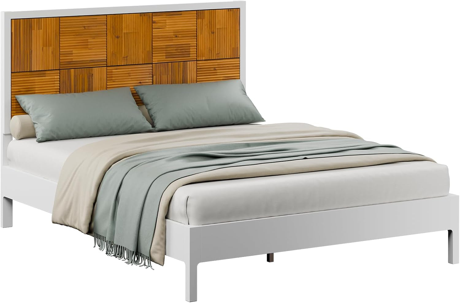 Madia Bed Frame, Mid Century Queen Bed Frame and Headboard with Unique & Trendy Fluted Pattern, 800Lbs Capacity Platform Bed Frame, Solid Acacia Wood Slat Support, Easy Assembly White Bed Frame