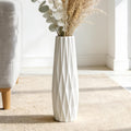 White Tall Ceramic Floor Vase, 15.7 Inch, Ribbed Design | Glossy Glazed Finish, Narrow Corners, Entryway, Bedroom, Compact Spaces