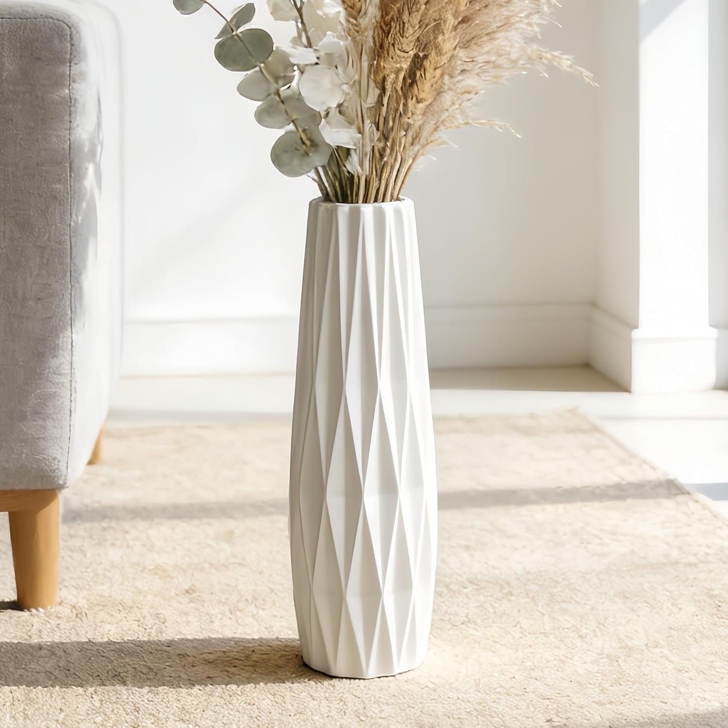 White Tall Ceramic Floor Vase, 15.7 Inch, Ribbed Design | Glossy Glazed Finish, Narrow Corners, Entryway, Bedroom, Compact Spaces
