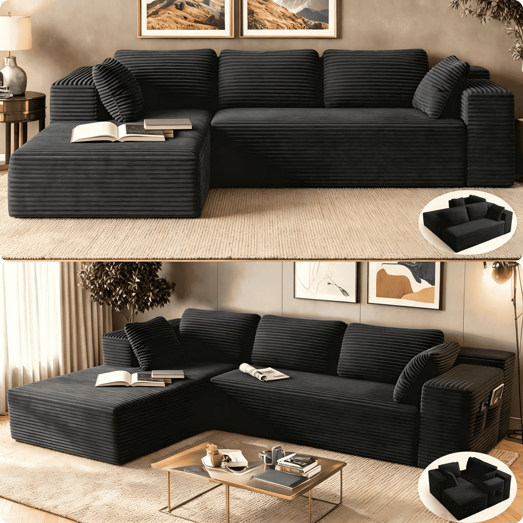 Sofa,  105" L-Shaped Sectional Couch for Living Room, High-Resilience Foam & Premium Corduroy Fabric, Free Assembly, Black