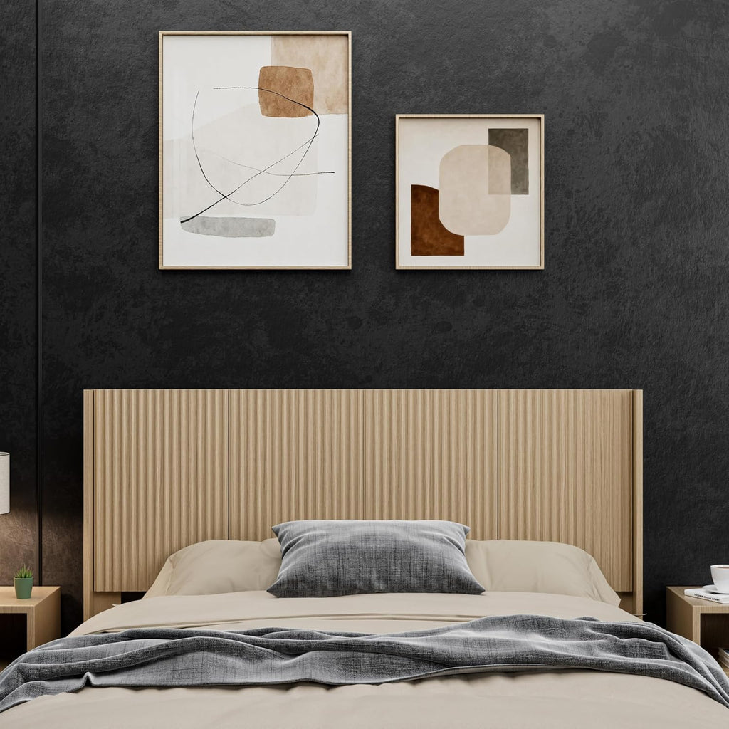 Wooden Queen Size Headboard Only, 64.5" Wide Farmhouse Headboards with Wall Mounted Fluted Panel & Wingback for Bedroom, Oak