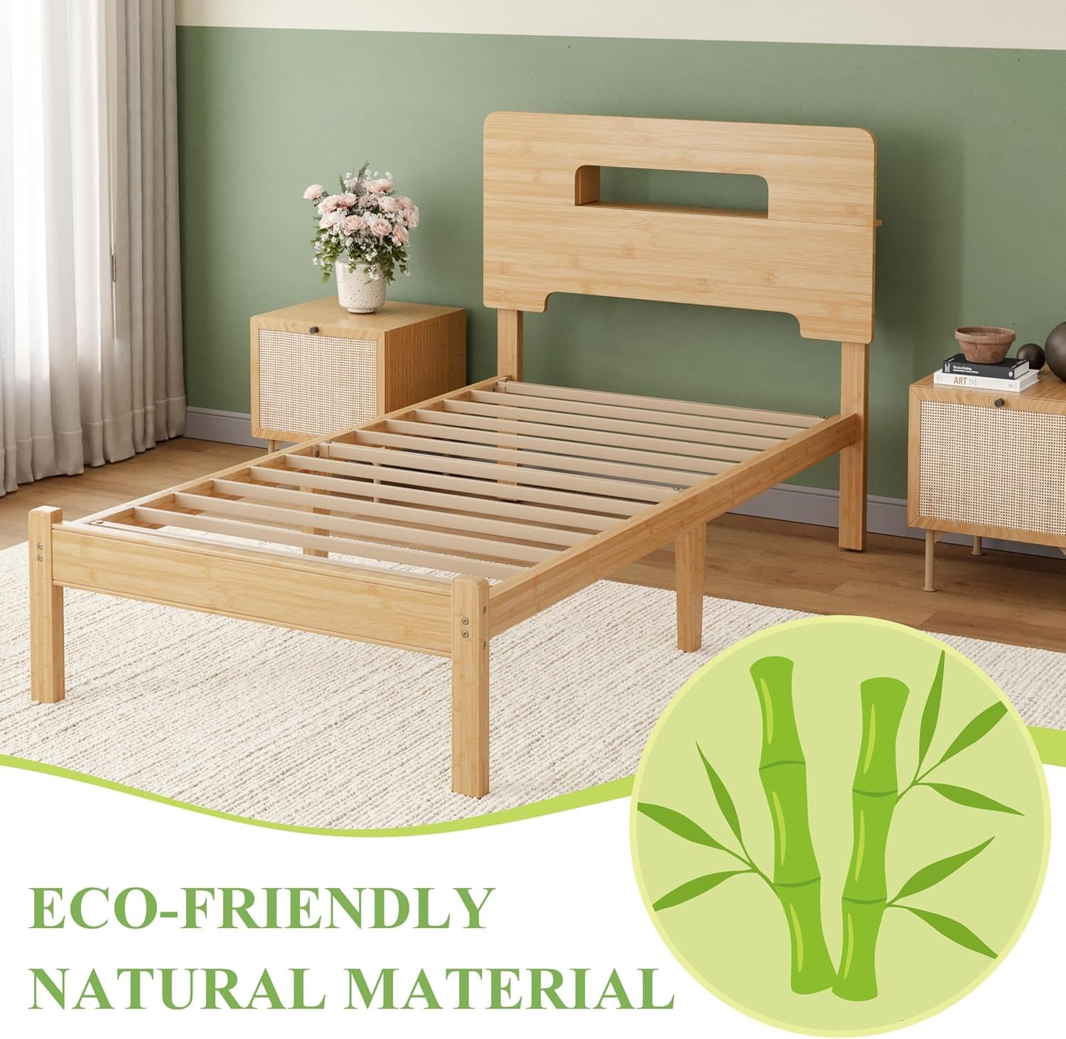 Solid Bamboo Wood Bed Frame Twin with Storage Headboard, 14 Inch Platform Bed Frame Twin Size No Box Spring Needed with Steel Slats, Sturdy and Stable, Easy Assembly, Noise Free
